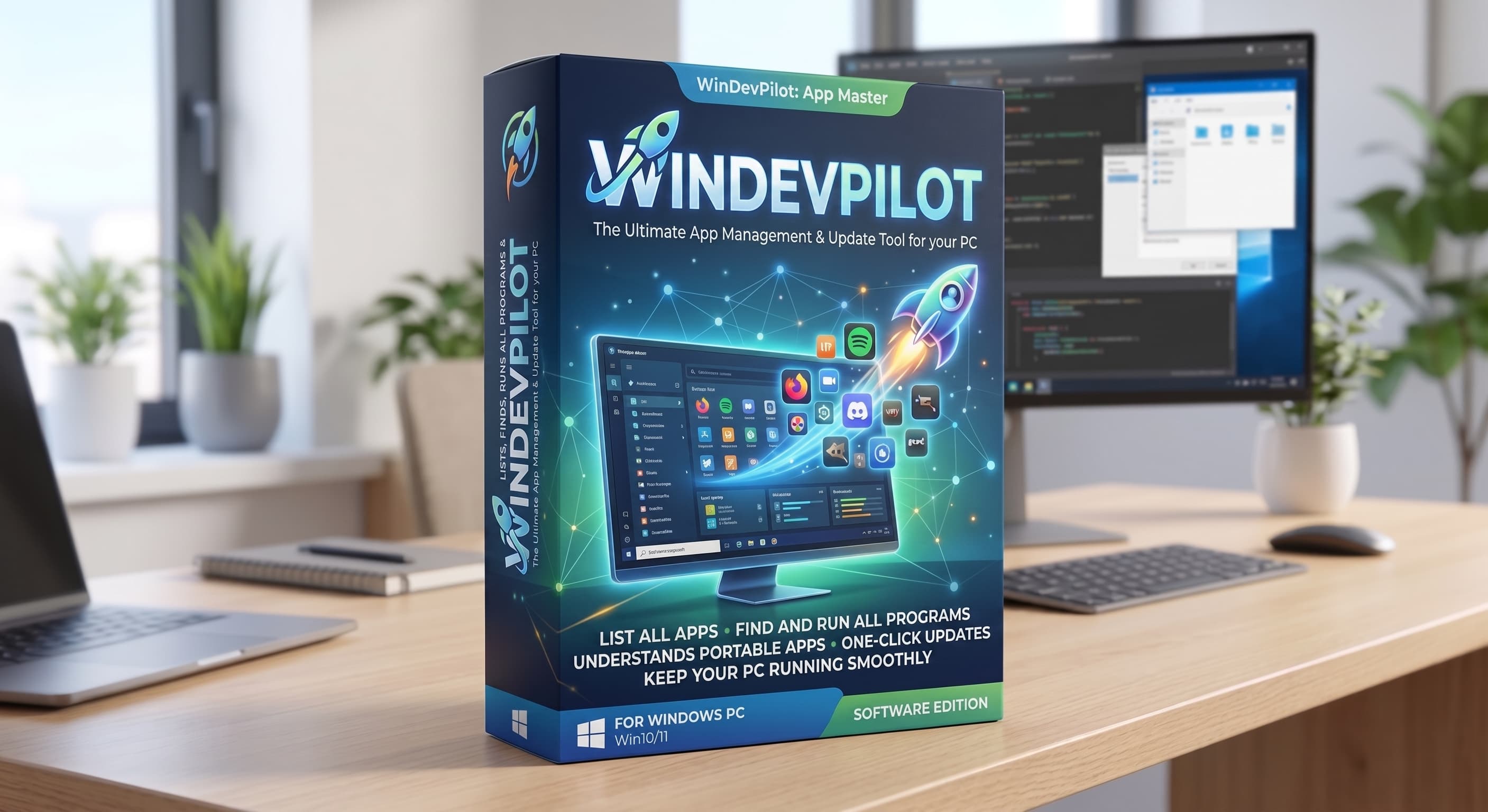 Illustrated WinDevPilot software box on a Windows desktop workspace